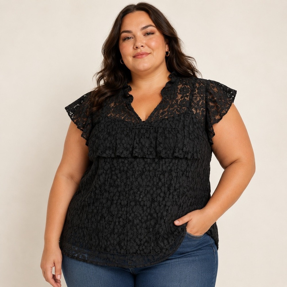 Whimsical Black Lace Sheer Blouse XXL High Neck Ruffle Gothic Chic Dark Academia